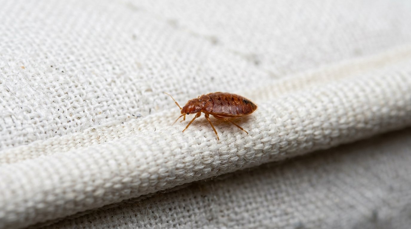 Bed bug crawling along white mattress piping seam