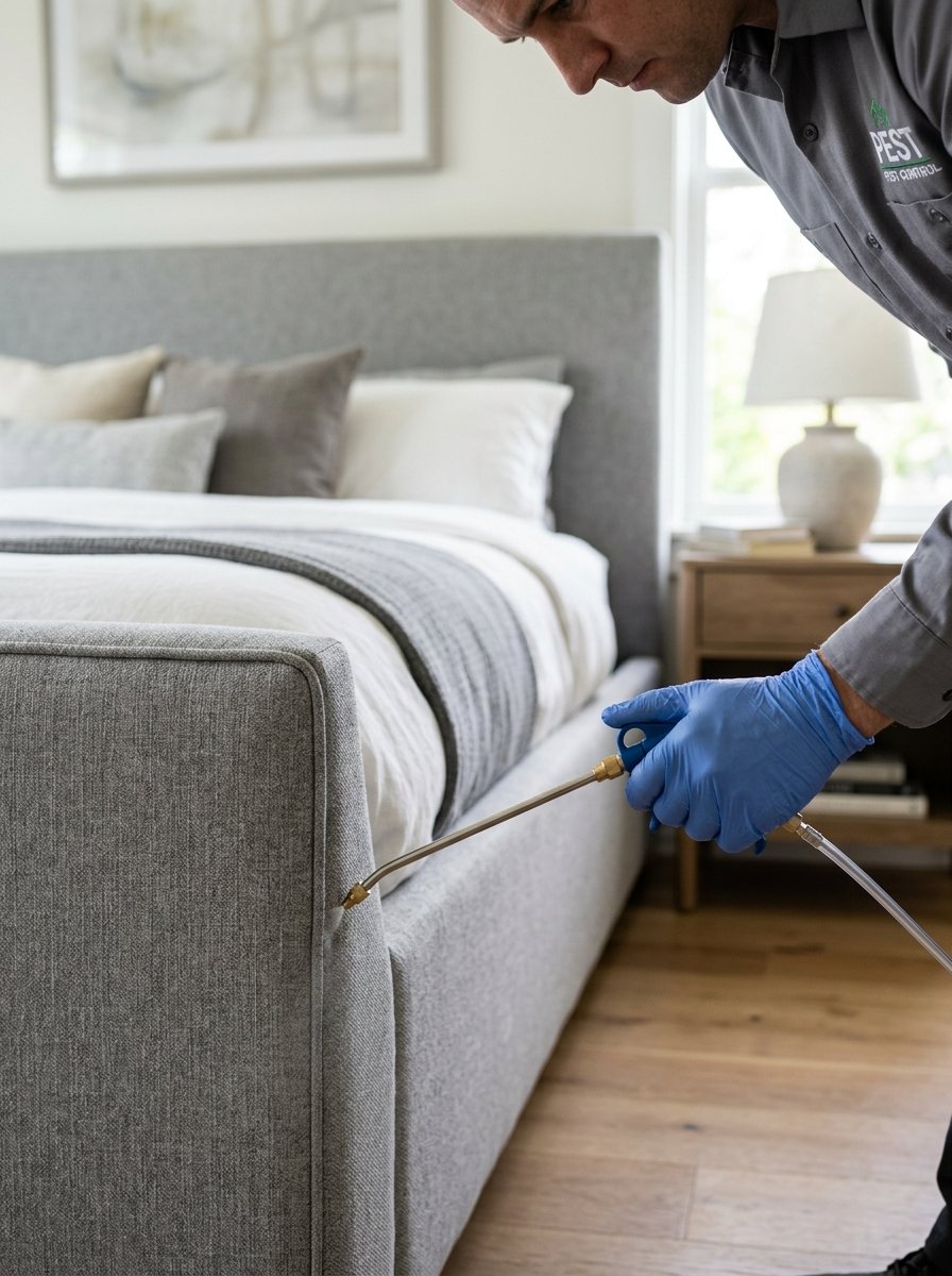 Technician applying precision wand treatment along upholstered bed frame