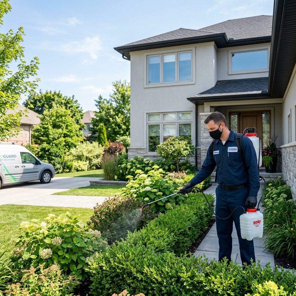 Pest control technician spraying hedge foliage