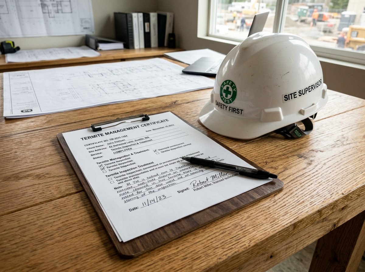 Termite management compliance certificate on clipboard with hardhat