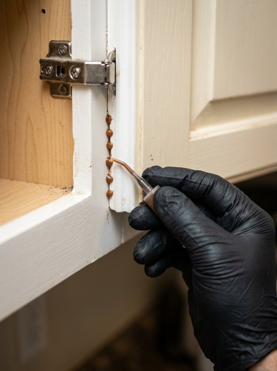 Precision gel bait syringe application in cabinet cracks and crevices